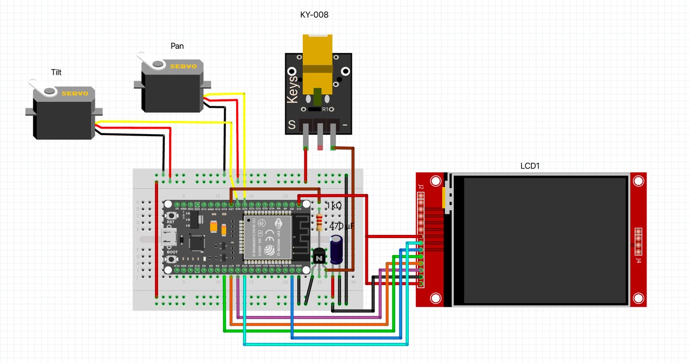 Wiring diagram: an ESP32 DevKit on a breadboard wired to a pan servo, a tilt servo, a KY-008 laser module switched through an NPN transistor with a 1 kilo-ohm resistor, a 470 microfarad capacitor, and a 2.8 inch ILI9341 screen.